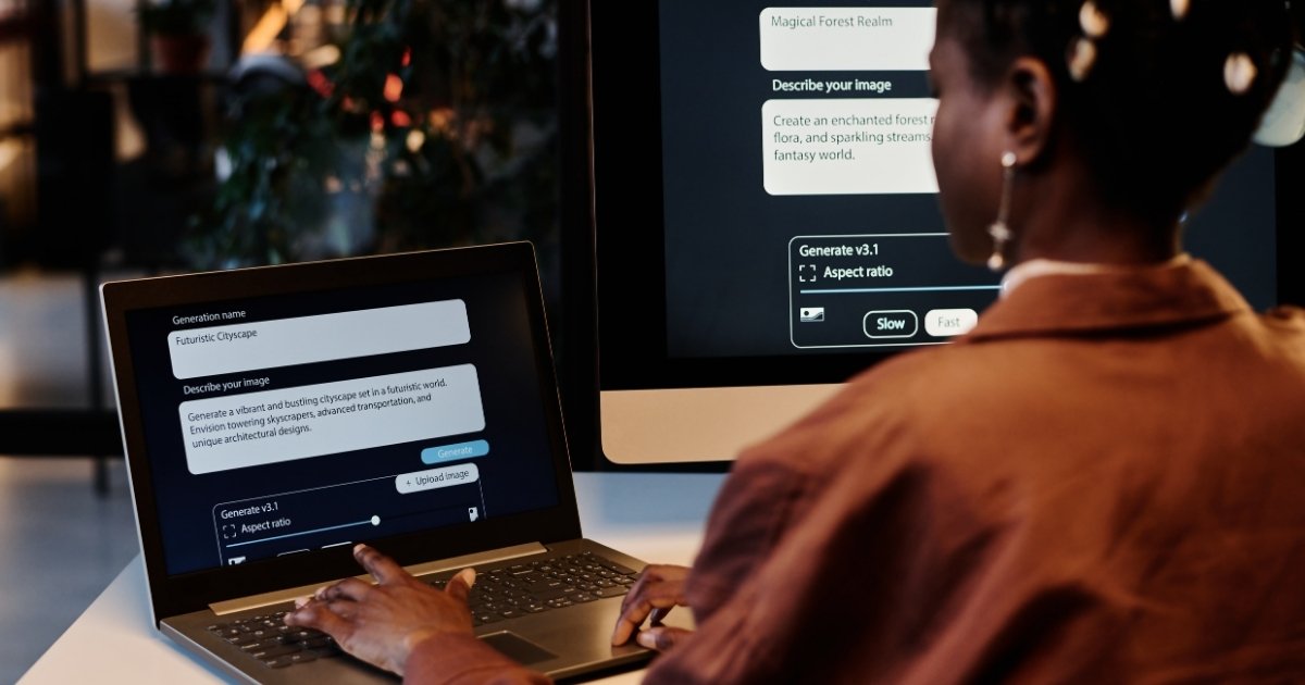 Woman writing prompts with an AI agent