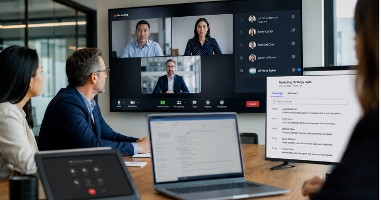 Business meeting with several professionals on a video conference call with one AI note taker in the call.