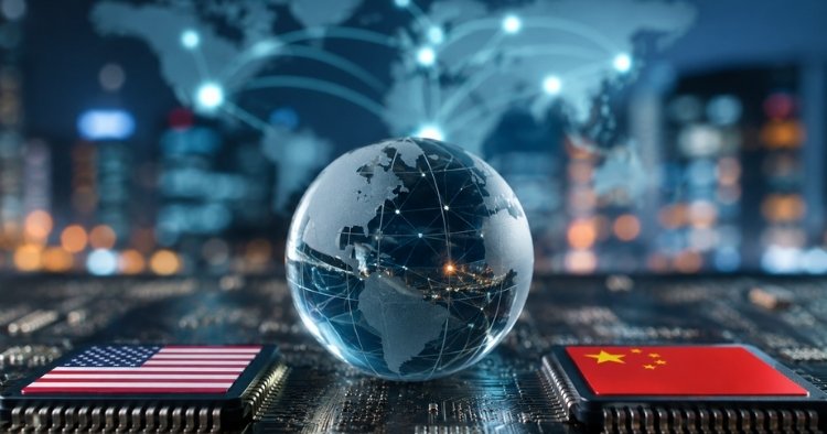 AI microchip beside U.S. and Chinese flags representing global AI competition and cybersecurity concerns