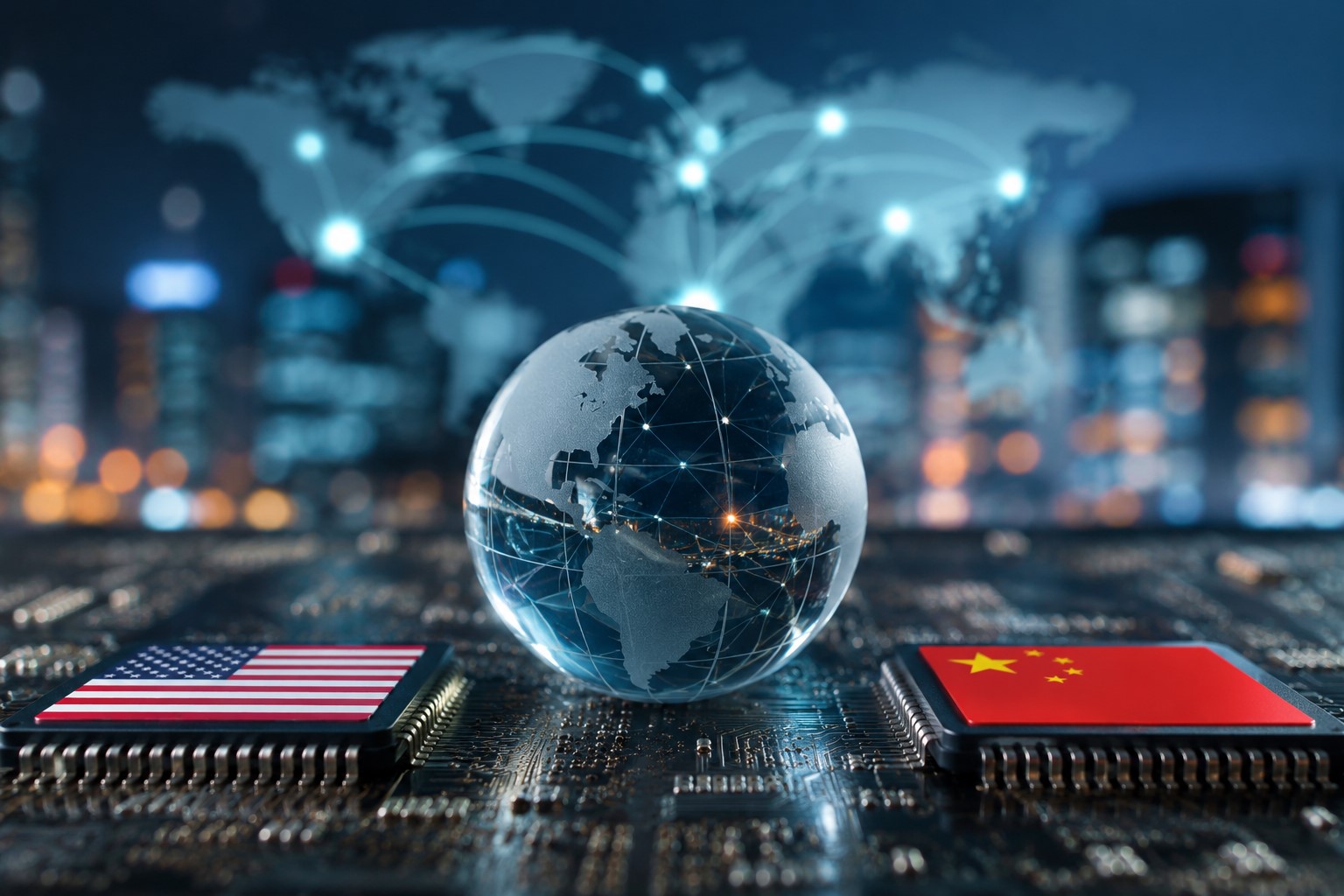 AI microchip beside U.S. and Chinese flags representing global AI competition and cybersecurity concerns