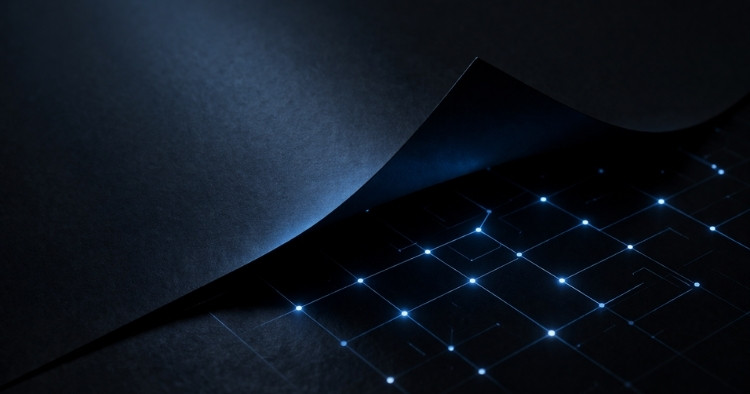 Partially lifted dark surface revealing a glowing blue network grid beneath, representing hidden cybersecurity vulnerabilities being uncovered.