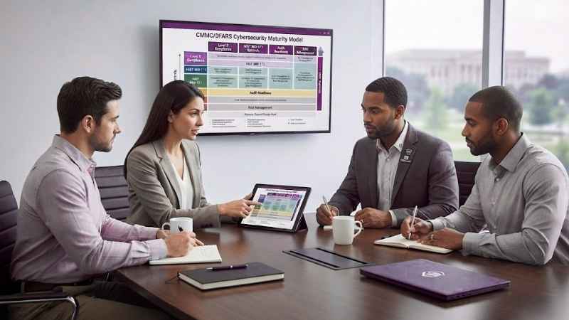 Woman demonstrating compliance information on her laptop in a conference room with male colleagues