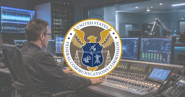 FCC cybersecurity regulations for Emergency Alert Systems displayed over a broadcast control room with monitoring and audio equipment