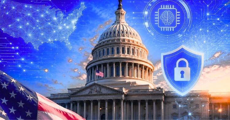 Artificial intelligence governance concept with U.S. Capitol building and digital network connections