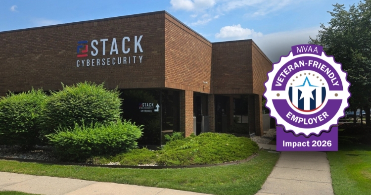 STACK Cybersecurity building exterior with a badge overlay of the MVAA Employment Impact Award
