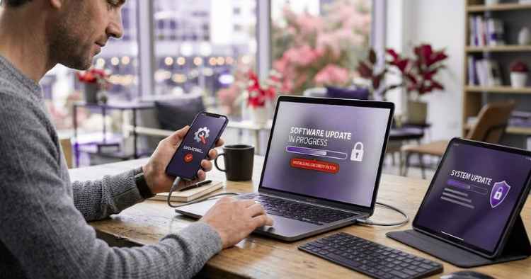 Business IT administrator reviewing patch management status across company devices and servers