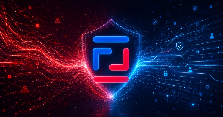 Red and blue streams of cybersecurity data converge into the STACK Cybersecurity logo, representing attacker insight and defender discipline working together to create unified defense.