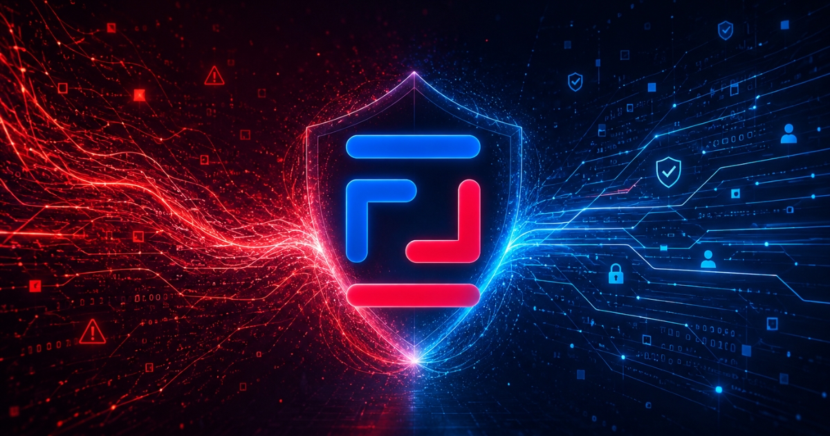 Red and blue streams of cybersecurity data converge into the STACK Cybersecurity logo, representing attacker insight and defender discipline working together to create unified defense.