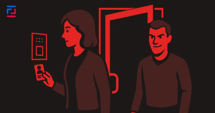 Employee holding door open at secure facility entrance demonstrating tailgating security risk where unauthorized person follows through access point