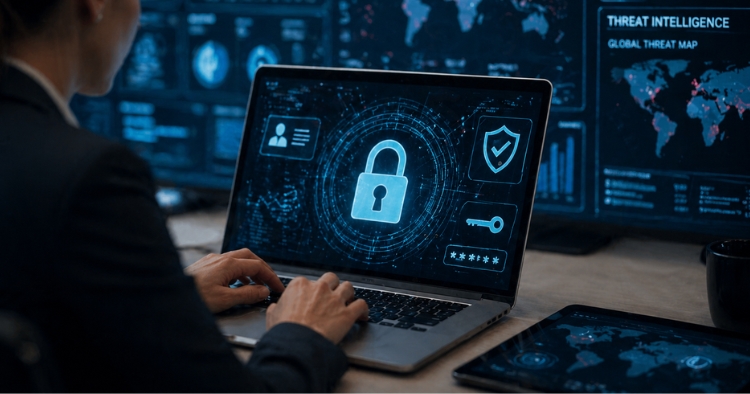 Computer with a security lock, personel ID card, shield, key, and password login icons. She is typing for information on threat intelligence and cyber threats for business leaders.